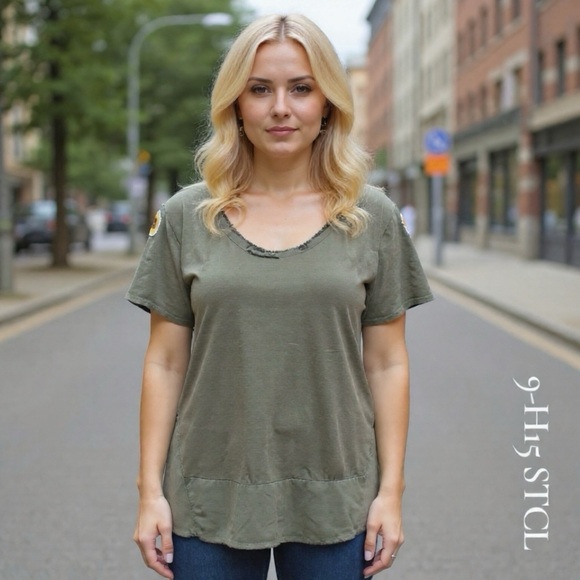 Olive Green Women's Top with Sunflower Detail - Picture 1 of 11